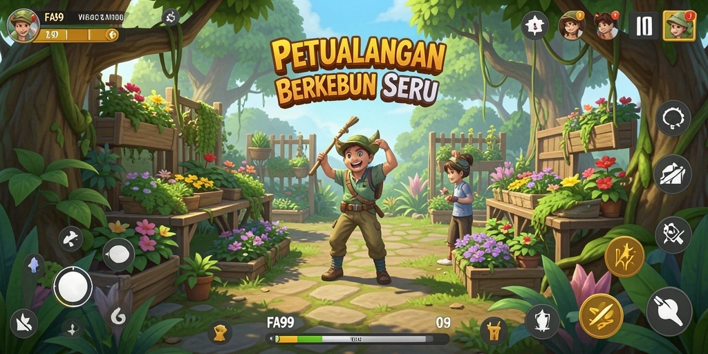 Screenshot gameplay FA99 menampilkan ladang hijau dan hewan ternak yang menggemaskan.