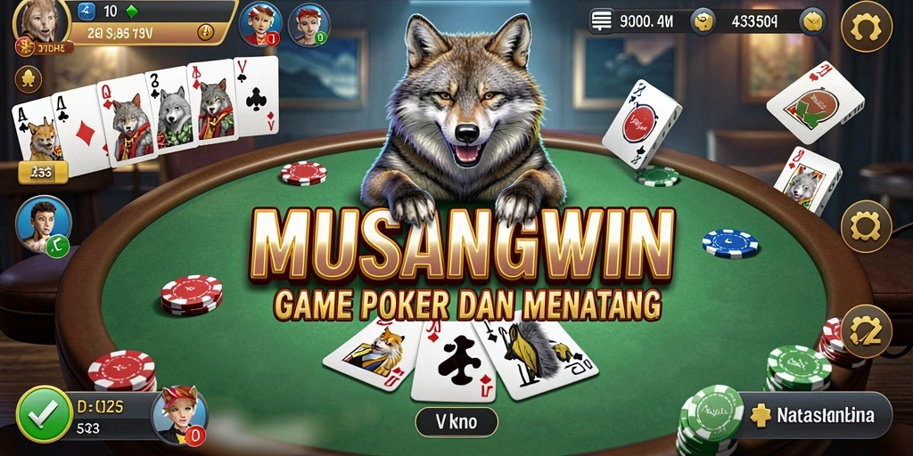 Screenshot menunjukkan gameplay intens di <strong>MUSANGWIN</strong> dengan pemain serius di meja Poker.